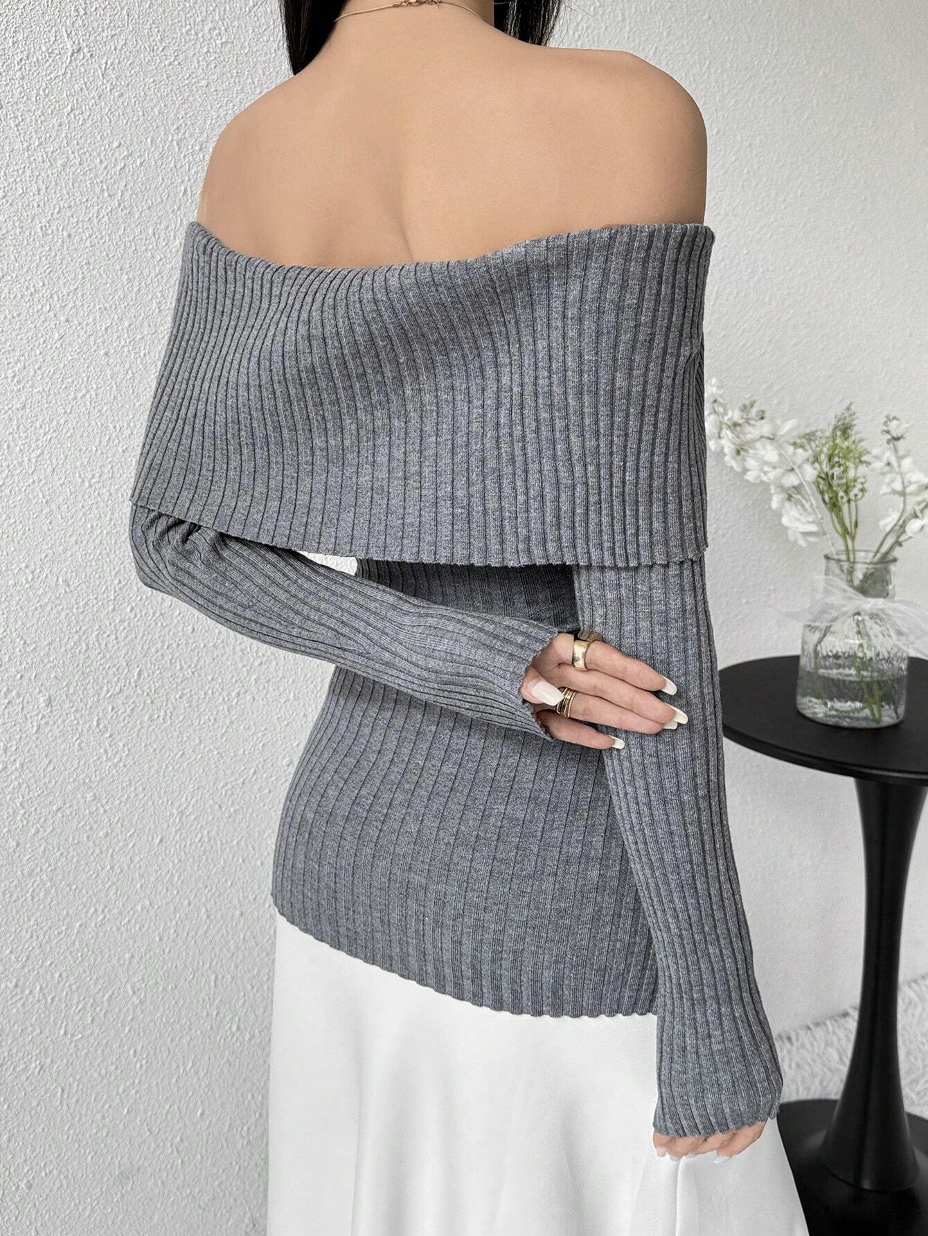SHEIN Modelyn Women's Off Shoulder Solid Color Long Sleeve Slim Fit Sweater