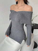SHEIN Modelyn Women's Off Shoulder Solid Color Long Sleeve Slim Fit Sweater