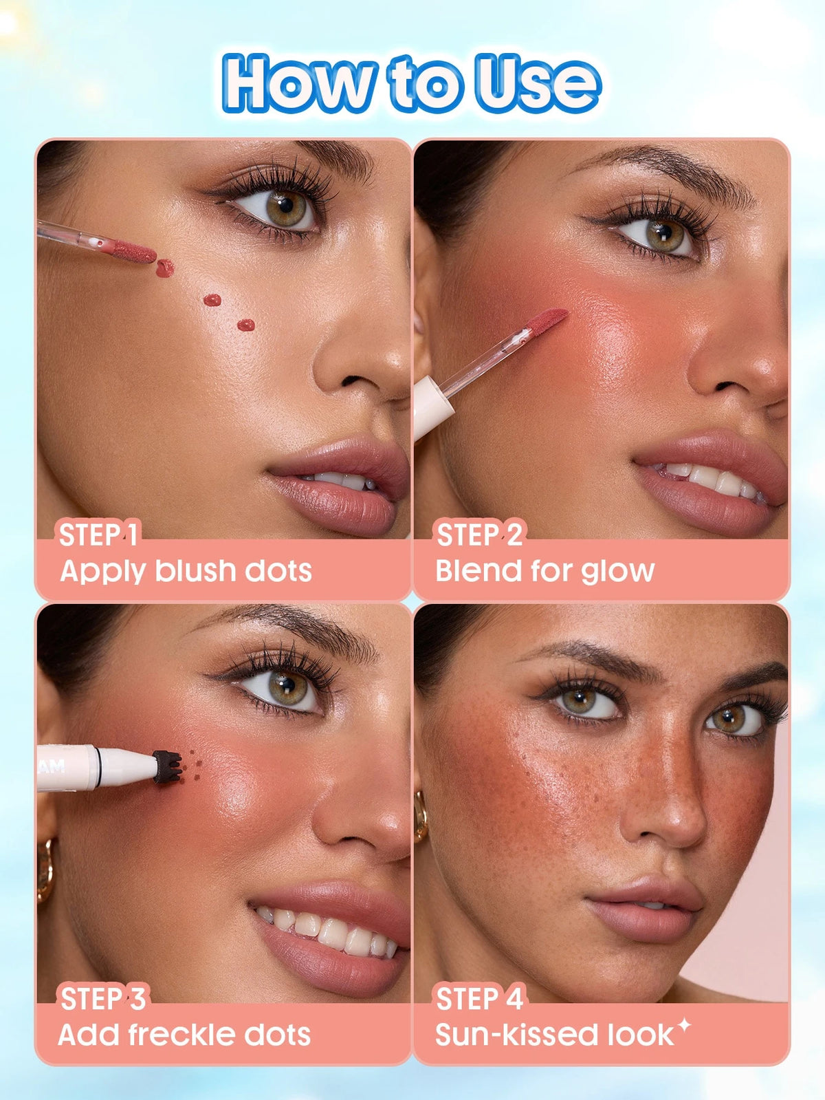 Step-by-step guide on applying blush dots, blending for glow, adding freckle dots, and achieving a sun-kissed look using a makeup tool.