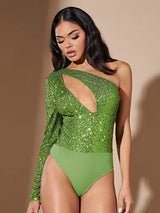 بودي سوت نسائي من BAE بكتف واحد وفتحة أمامية مزينة بالترتر