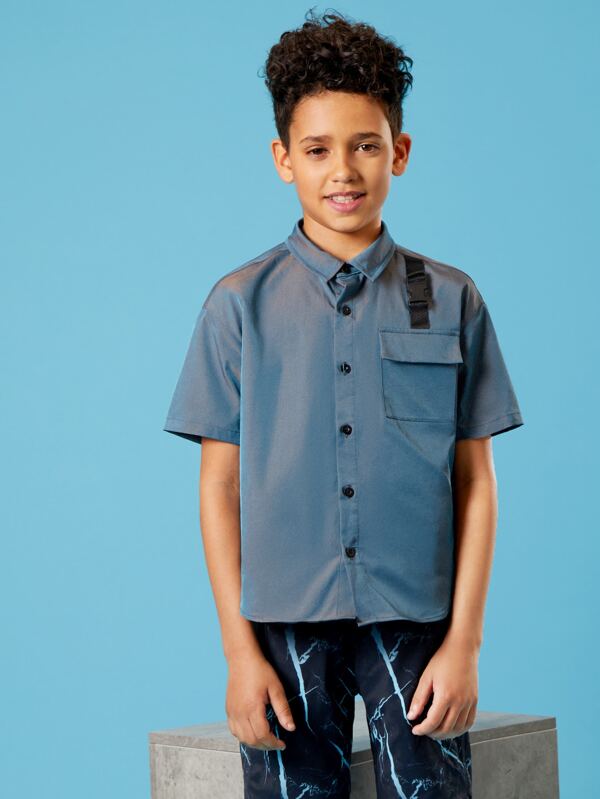 SHEIN Boys Bucked Strap Detail Flap Pocket Shirt