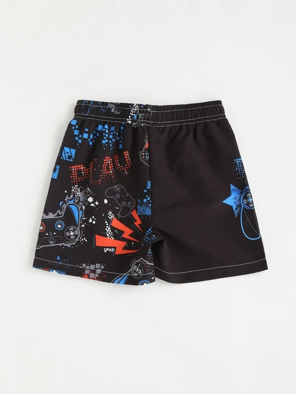 SHEIN Boys Gamepad And Letter Graphic Drawstring Waist Beach Shorts