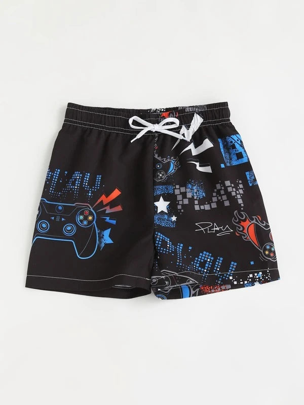 SHEIN Boys Gamepad And Letter Graphic Drawstring Waist Beach Shorts