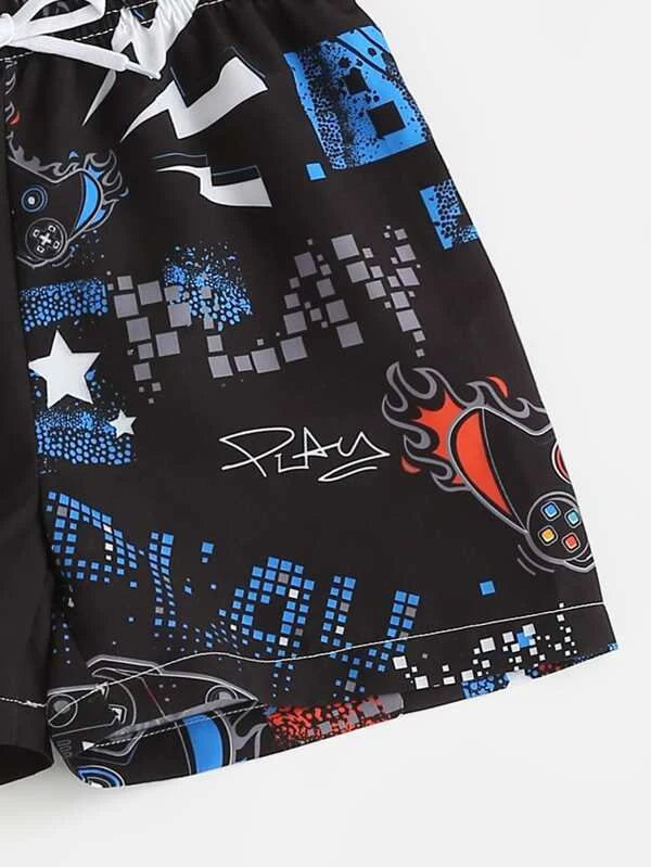 SHEIN Boys Gamepad And Letter Graphic Drawstring Waist Beach Shorts