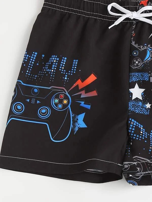 SHEIN Boys Gamepad And Letter Graphic Drawstring Waist Beach Shorts