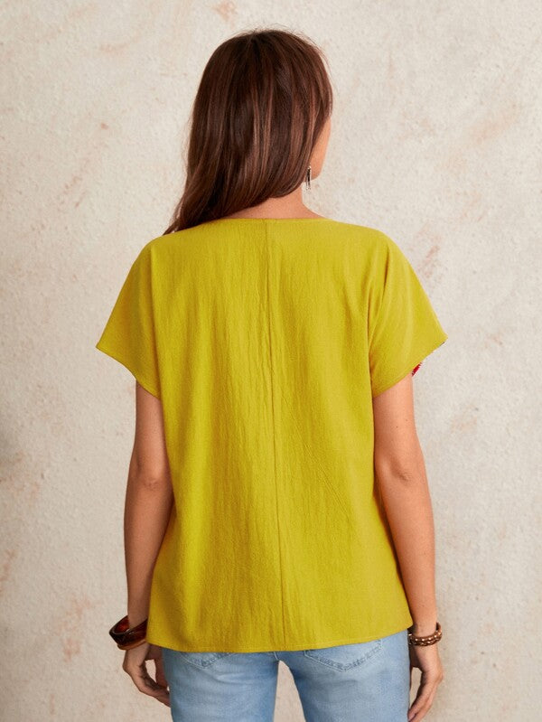 SHEIN  EMERY ROSE Batwing Sleeve Patchwork Print Spliced Top