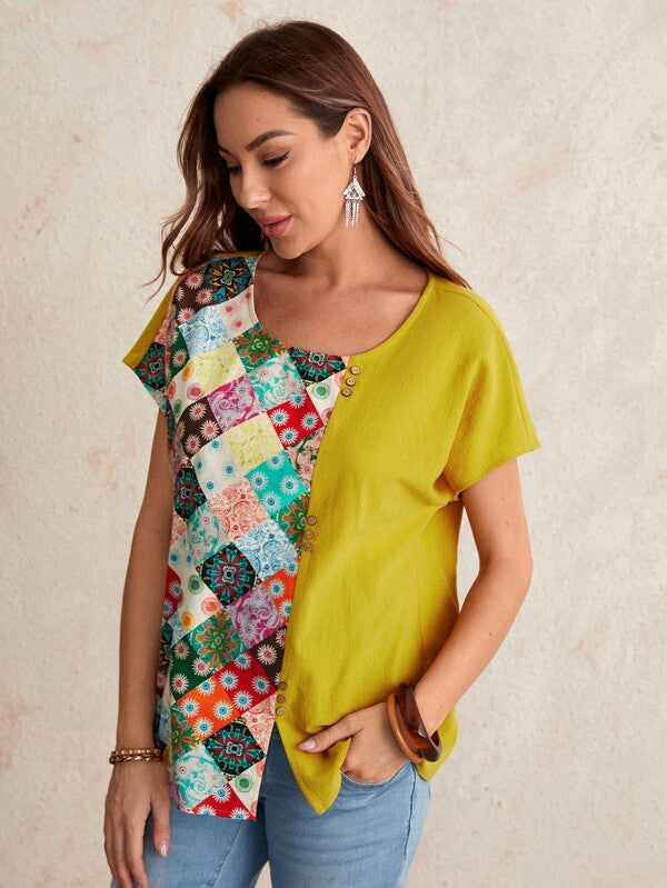 SHEIN  EMERY ROSE Batwing Sleeve Patchwork Print Spliced Top