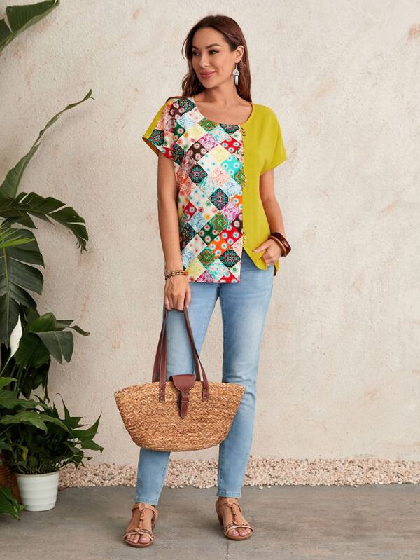 SHEIN  EMERY ROSE Batwing Sleeve Patchwork Print Spliced Top