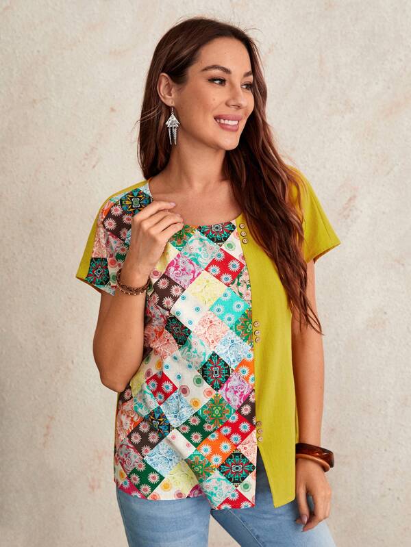 SHEIN  EMERY ROSE Batwing Sleeve Patchwork Print Spliced Top