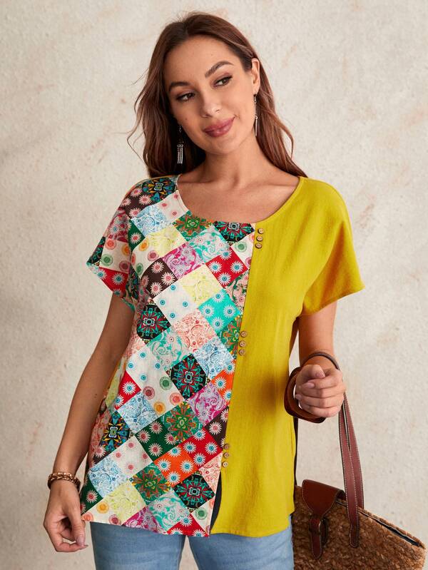 SHEIN EMERY ROSE Batwing Sleeve Patchwork Print Spliced Top