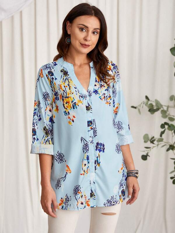 SHEIN  EMERY ROSE Floral Print Notched Neck Button Front Blouse
