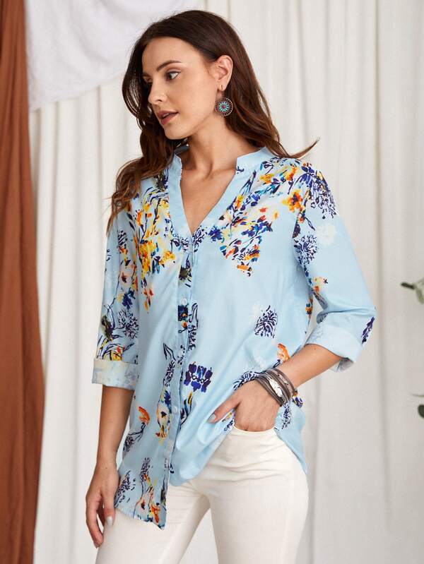 SHEIN  EMERY ROSE Floral Print Notched Neck Button Front Blouse