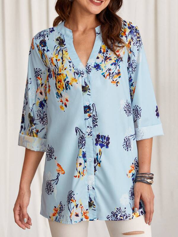 SHEIN EMERY ROSE Floral Print Notched Neck Button Front Blouse