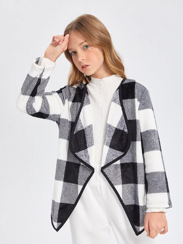 شى ان معطف فلانيل للبنات بنقشة مربعات وحواف متباينة  