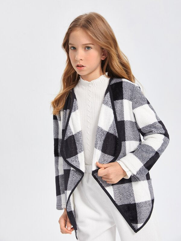 شى ان معطف فلانيل للبنات بنقشة مربعات وحواف متباينة  