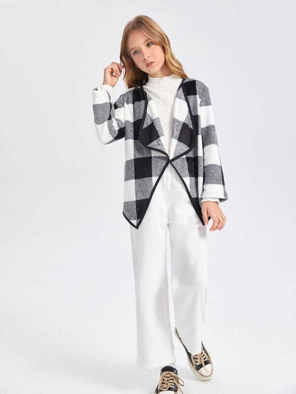 شى ان معطف فلانيل للبنات بنقشة مربعات وحواف متباينة  