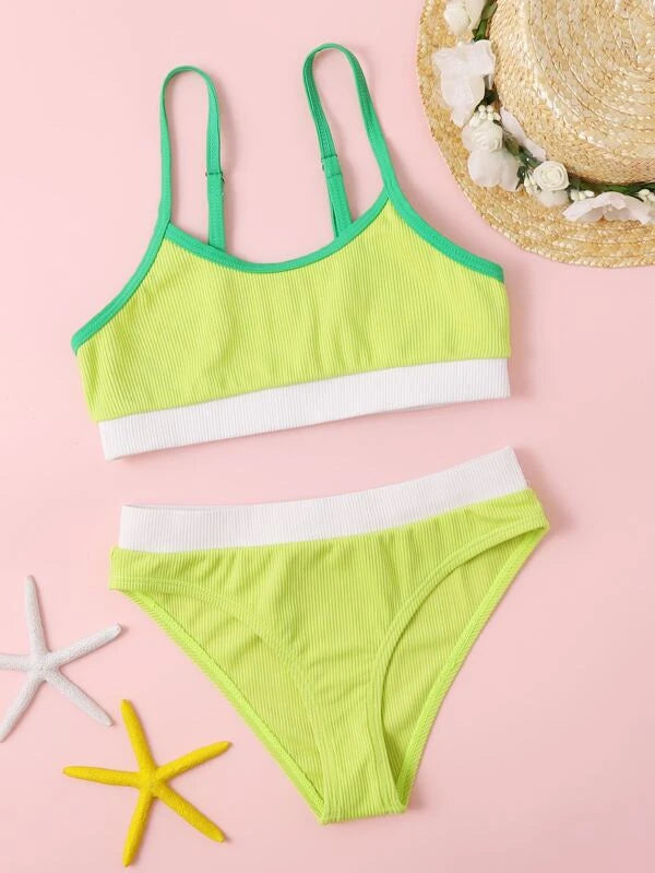 SHEIN Girls Color Block Rib Bikini Swimsuit