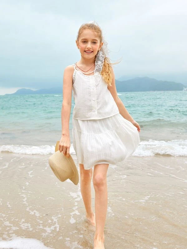 SHEIN Girls Lace Trim Cami Top & Ruffle Hem Skirt Set