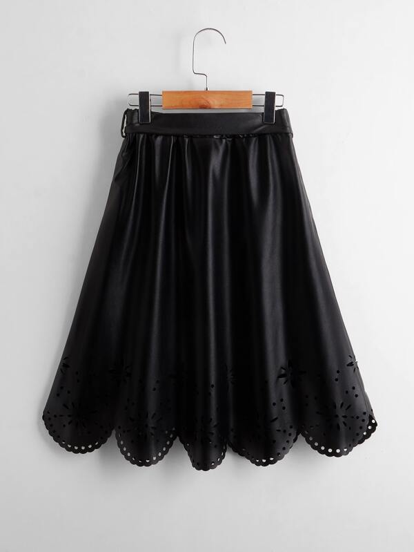 SHEIN Girls Laser Cut Out Belted PU Skirt
