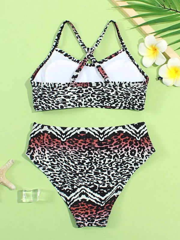 SHEIN  Girls Leopard Criss Cross Ruffle Bikini