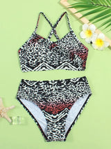 SHEIN Girls Leopard Criss Cross Ruffle Bikini Swimsuit