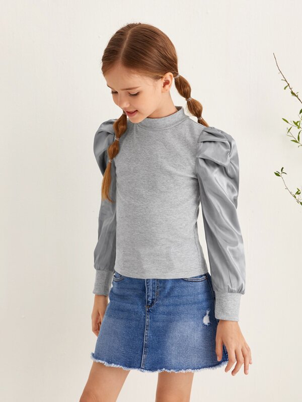 بلوزة شي إن للبنات بياقة عالية وأكمام واسعة محبوكة مضلعة