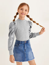 SHEIN Girls Mock Neck Gigot Sleeve Rib-knit Top
