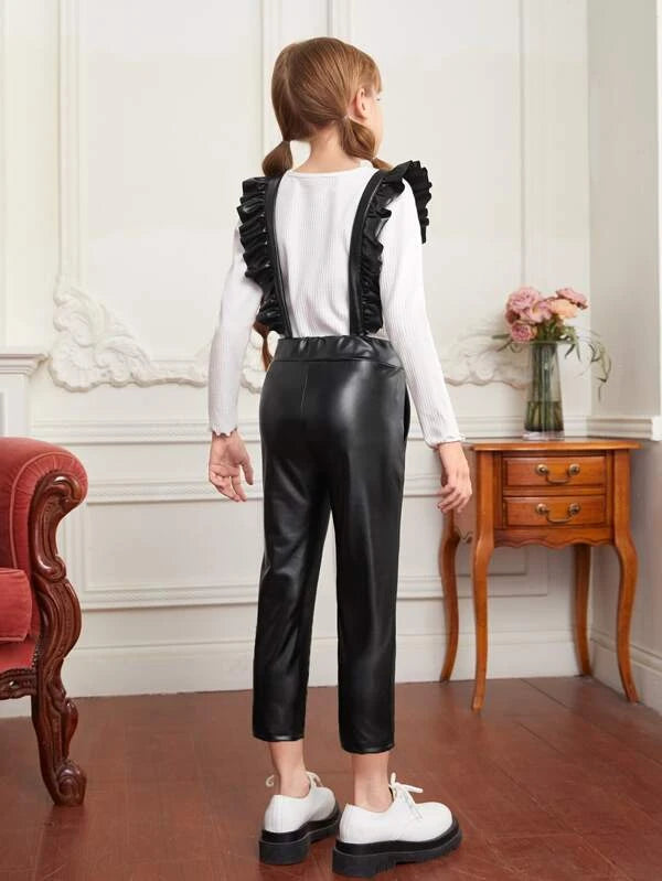 SHEIN Girls Ruffle Trim Patent Jumpsuit