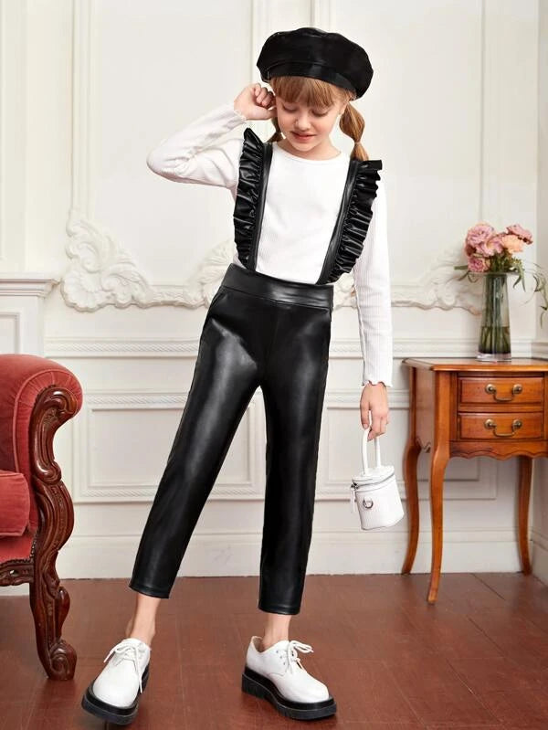 SHEIN Girls Ruffle Trim Patent Jumpsuit