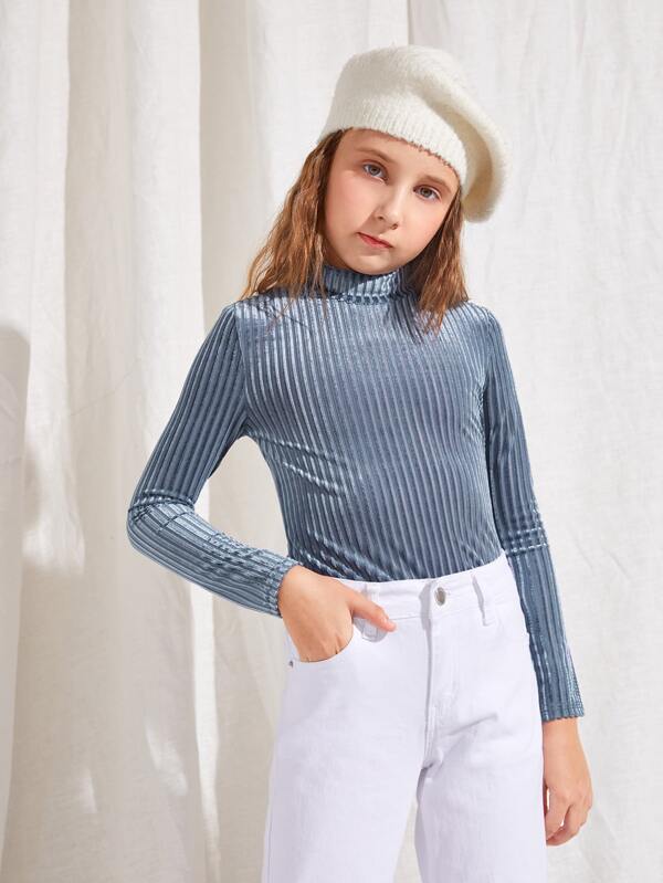 SHEIN Girls Stand Neck Velvet Fitted Tee