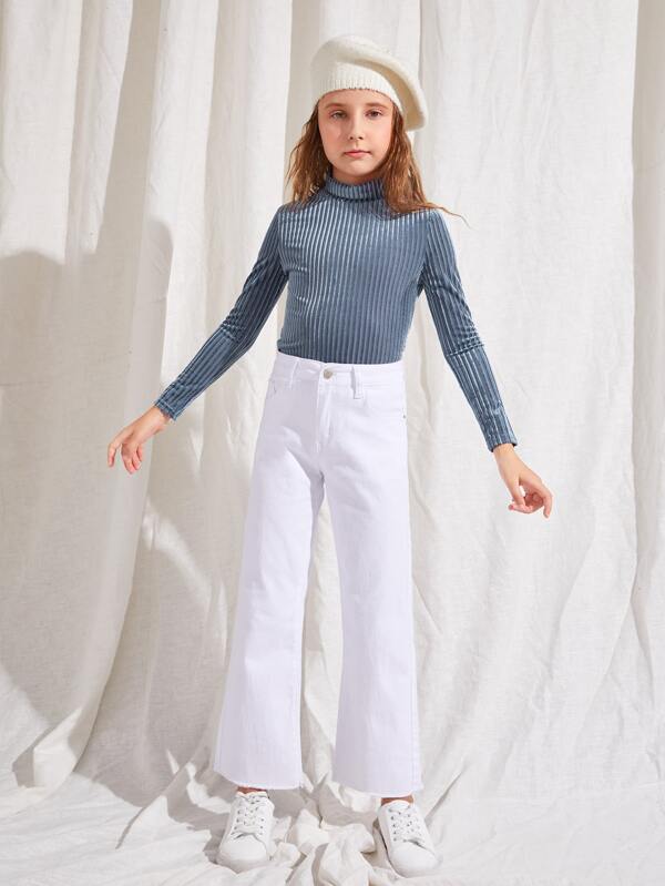 SHEIN Girls Stand Neck Velvet Fitted Tee