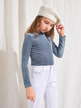 SHEIN Girls Stand Neck Velvet Fitted Tee