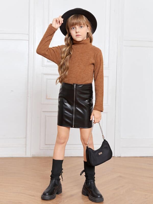 شى ان تنورة جلدية صناعية بسحاب للبنات  