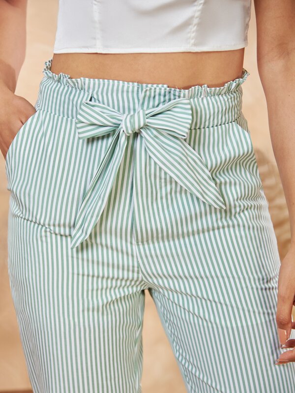 SHEIN Pinstriped Paperbag Waist Tie Front Capris  CCC1A