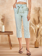 SHEIN Pinstriped Paperbag Waist Tie Front Capris