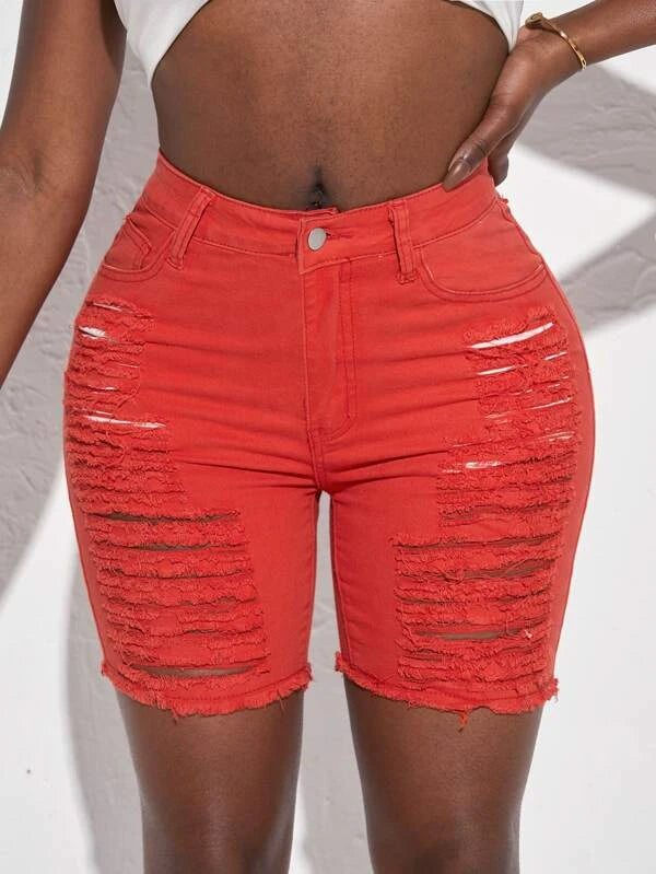 SHEIN SXY Ladder Ripped Raw Hem Denim Shorts