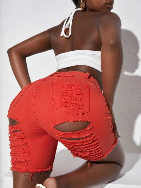 SHEIN SXY Ladder Ripped Raw Hem Denim Shorts