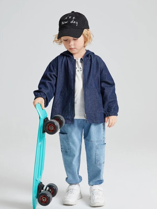 SHEIN Toddler Boys Letter Graphic Zipper Drop Shoulder Denim Jacket