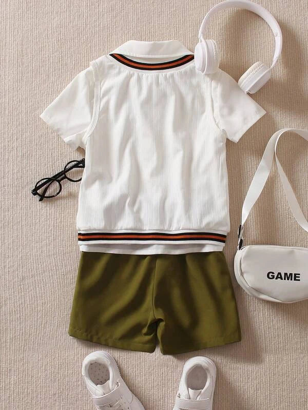 SHEIN Toddler Boys Striped Trim Tank Top & Polo Shirt & Shorts