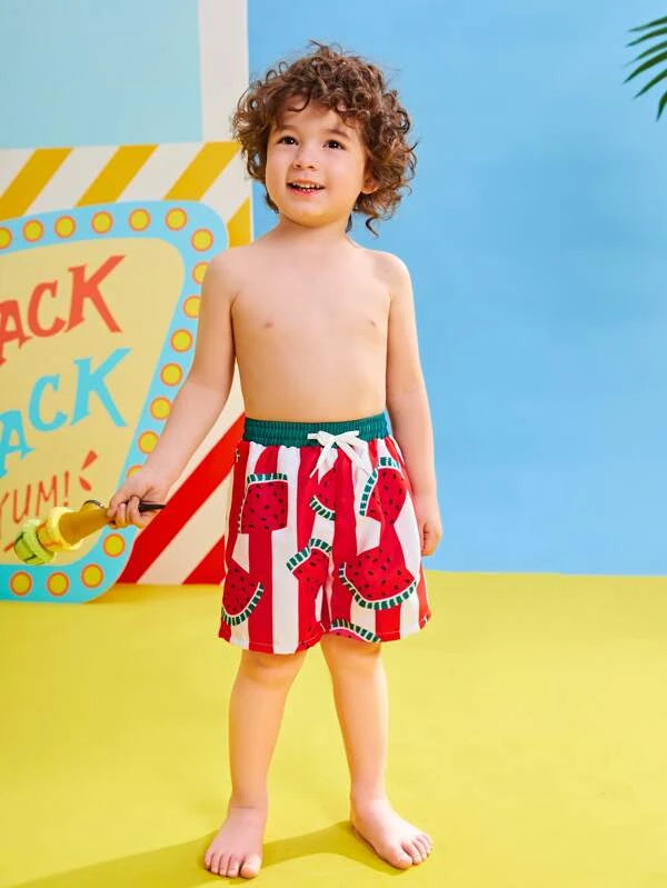 SHEIN  Toddler Boys Striped Watermelon Print Swim Shorts