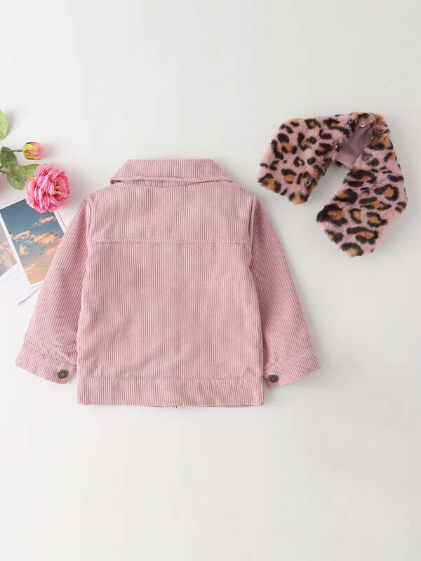 شى ان جاكيت أطفال بنات مخملي بأزرار وياقة فرو نمر