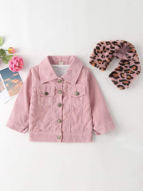 SHEIN Toddler Girls Button Front Corduroy Jacket With Leopard Borg Collar
