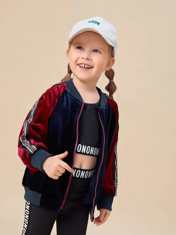 SHEIN Toddler Girls Color Block Bomber Velvet Jacket