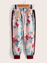 SHEIN Toddler Girls Floral Contrast Panel Sweatpants