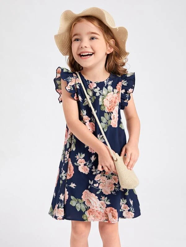 SHEIN Toddler Girls Floral Print Butterfly Sleeve Dress