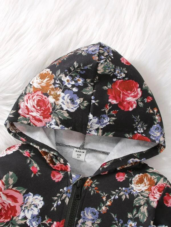 شى ان جاكيت بغطاء رأس للأطفال البنات بسحّاب أمامي مزين بطبعة زهور أنيقة وعصرية