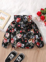 شى ان جاكيت بغطاء رأس للأطفال البنات بسحّاب أمامي مزين بطبعة زهور أنيقة وعصرية