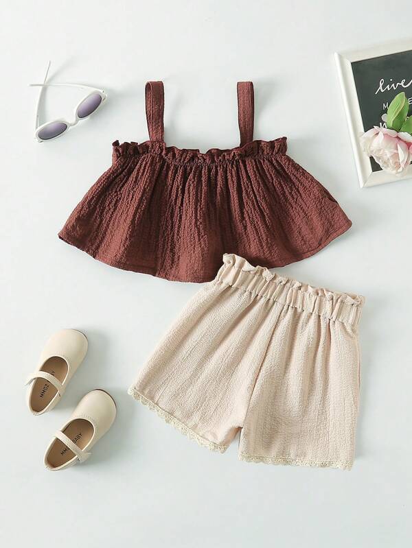 SHEIN Toddler Girls Frill Trim Cami Top &amp Shorts