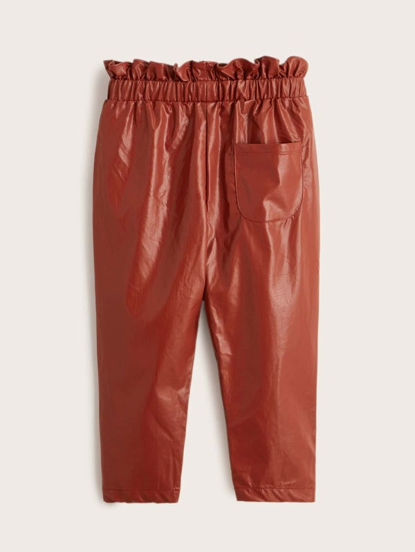 بنطلون جلد صناعي مزين بالكشكشة للبنات الصغيرات من شي إن