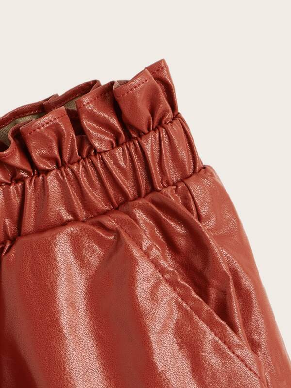 بنطلون جلد صناعي مزين بالكشكشة للبنات الصغيرات من شي إن